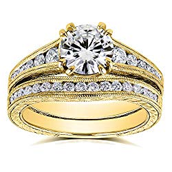 Near Colorless (H-I) Moissanite and Diamond Channel Milgrain Bands Bridal Set 1-1/2 CTW in 14K Yellow Gold