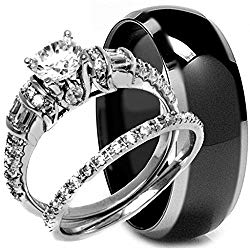 NYCJewelrydesign 3 Pieces Men’s and Women’s, His & Hers, 925 Genuine Solid Sterling Silver & Black Carbon Fiber Titanium Engagement Matching Wedding Anniversary Ring Set