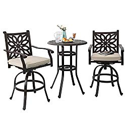 PHI VILLA Cast Aluminum Pub Height Bistro 2 x Swivel Bar Chairs and 1 x Table Outdoor Furniture Set