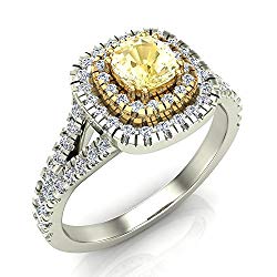 18K Gold Fancy Yellow Cushion Cut Diamond Double Halo Split Shank Engagement Rings 0.92 Carat Wt