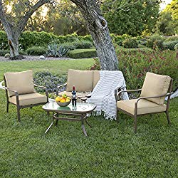 Best Choice Products 4-Piece Cushioned Patio Furniture Conversation Set w/Loveseat, 2 Chairs, Coffee Table – Beige