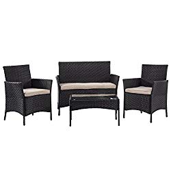 BestMassage Outdoor Furniture Patio Sofa set Wicker Rattan Sectional 4 pcs Garden Conversation Set With Cushion And Tempered Glass TableTop For Yard