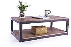 Care Royal Rustic Vintage Industrial Solid Wood and Metal 43.3″ Coffee Table Antique Cocktail Table with Storage Shelf for Living Room, Natural Reclaimed Wood, Sturdy Rustic Brown Metal Frame