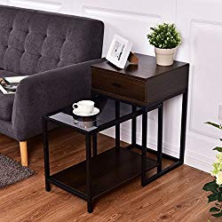 Tangkula Nesting Table Set of 2 Home Glass Top Metal Frame Sofa Side End Coffee Table, Accent Table