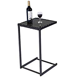 TANGKULA C-Shape Snack Table Steel Construction Rattan PE Wicker Square Glass Top Sofa Side Table Console Table Accent Table End Table Furniture for Home Office