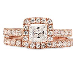 1.70 CT Princess Brilliant Cut Designer Solitaire Pave Halo Statement Classic Solitaire Anniversary Engagement Wedding Bridal Promise Ring Band set Solid 14k Rose Gold