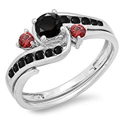 10K White Gold Black Diamond & Red Ruby Side Stones Ladies Swirl Bridal Engagement Ring Set (Size 8)