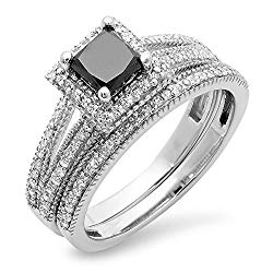 Dazzlingrock Collection 1.35 Carat (ctw) 14K White Gold Black & White Diamond Split Shank Halo Engagement Ring Set (Size 9)