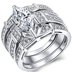 MABELLA Trio Sterling Silver Cubic Zirconia CZ Marquise Wedding Ring Set for Women