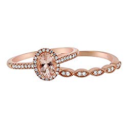 Olivia Paris 14k Gold Oval Cut Morganite with Diamond Halo Vintage Wedding Ring Set (1/4 cttw, H-I, I1)