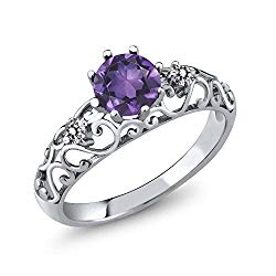 0.82 Ct Round Purple Amethyst White Diamond 925 Sterling Silver Ring