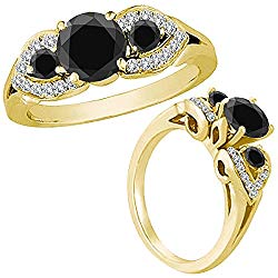 1.50 Carat Black Diamond Fancy Three Stone Engagement Wedding Bridal Women Ring 14K Yellow Gold