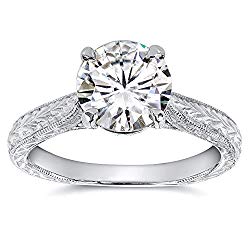 Antique Style Moissanite Engagement Ring with Diamond 1 1/2 CTW 14k White Gold