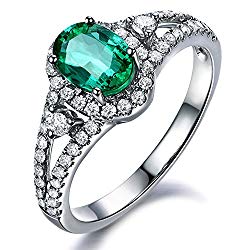 Genuine Natural Emerald Gemstone Oval Cut Solid 14K White Gold Diamond Wedding Engagement Promise Band Ring for Women
