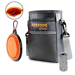 Hero Dog Treat Training Pouch Bag(Small Large Pets) – Dual Compartments Carry Toy Kibble,Treats – with Poop Bag,Collapsible Bowl – Build-in Waste Bag Dispenser Grey