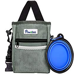 Pawaboo Dog Treat Training Pouch Bag & Collapsible Silicone Food Water Bowl, with Adjustable Strap, Hands-Free Storage for Treats and Toys, Perfect for Pet Puppy Training Travel Doggie Walking, Gray