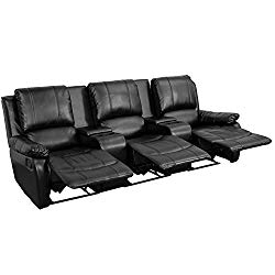 Flash Furniture Allure Series 3-Seat Reclining Pillow Back Black Leather Theater Seating Unit with Cup Holders