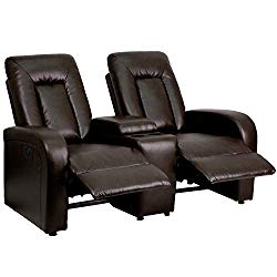 Flash Furniture Eclipse Series 2-Seat Push Button Motorized Reclining Brown LeatherSoft Upholstery Theater Seating Unit with Cup Holders
