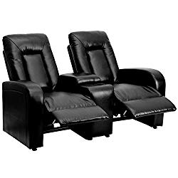 Flash Furniture Eclipse Series 2-Seat Reclining Black Leather Theater Seating Unit with Cup Holders