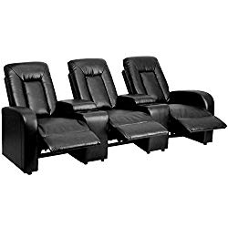 Flash Furniture Eclipse Series 3-Seat Reclining Black Leather Theater Seating Unit with Cup Holders