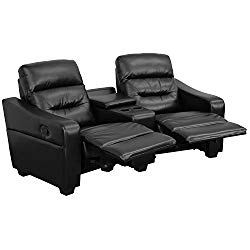 Flash Furniture Futura Series 2-Seat Reclining Black Leather Theater Seating Unit with Cup Holders