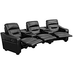 Flash Furniture Futura Series 3-Seat Reclining Black Leather Theater Seating Unit with Cup Holders