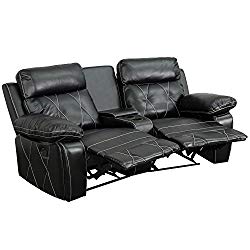 Flash Furniture Reel Comfort Series 2-Seat Reclining Black Leather Theater Seating Unit with Curved Cup Holders