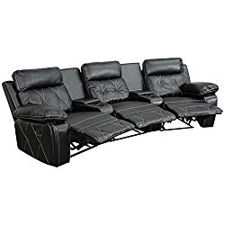 Flash Furniture Reel Comfort Series 3-Seat Reclining Black Leather Theater Seating Unit with Curved Cup Holders