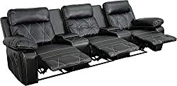 Flash Furniture Reel Comfort Series 3-Seat Reclining Black Leather Theater Seating Unit with Straight Cup Holders