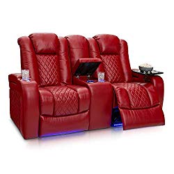 Seatcraft Anthem Home Theater Seating Leather Power Recline Loveseat with Center Storage Console, Powered Headrests, and Cupholders (Red)