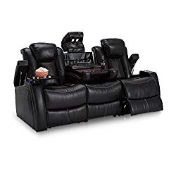 Seatcraft Omega Leather Gel Home Theater Seating Power Recline Multimedia Sofa with Adjustable Powered Headrests and Fold-Down Table, Black
