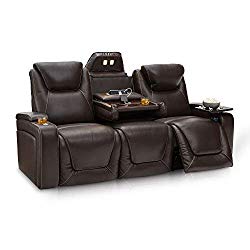 Seatcraft Vienna Home Theater Seating Leather Sofa Recline, Adjustable Headrest, Powered Lumbar Support, Fold-Down Table, and Cup Holders, Brown