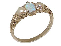 925 Sterling Silver Real Genuine Opal & Cultured Pearl Womens Band Ring