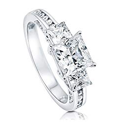 BERRICLE Rhodium Plated Sterling Silver Cubic Zirconia CZ 3-Stone Promise Engagement Ring