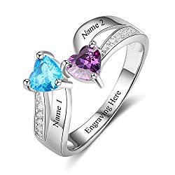 Love Jewelry Personalized Mother Daughter Rings with 2 Heart Simulated Birthstones Custom Women Promise Rings for Her