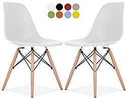 La Valley Eames Style Chair by Set Of 2 – Mid Century Modern Eames Molded Shell Chair with Dowel Wood Eiffel Legs – for Dining Room, Kitchen, Bedroom, Lounge – Easy-Assemble & Clean – White