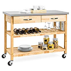Best Choice Products 3-Tier Wood Rolling Kitchen Island Utility Serving Cart w/Stainless Steel Countertop – Natural