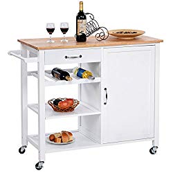 Giantex Kitchen Trolley Cart w/Wheels Rolling Storage Cabinet Wooden Table Multi-Function Island Cart Kitchen Truck (White)