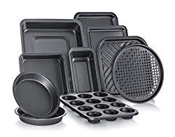 Perlli Complete Bakeware Set 10-Piece Non-Stick, Oven Crisper, Pizza Tray, Roasting, Loaf, Muffin, Square, 2 Round Cake Baking Pans, Large and Medium Nonstick Cookie Sheet Bake Ware for Home Kitchen