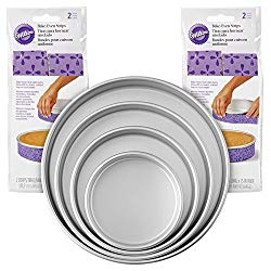 Wilton Bake-Even Strips and Round Cake Pan Set, 8-Piece – 6, 8, 10, and 12 x 2-Inch Aluminum Cake Pans