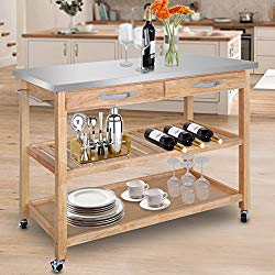 ZenChef Rolling Kitchen Island Utility Kitchen Serving Cart w/Stainless Steel Countertop, Spacious Drawers and Lockable Wheels, Natural