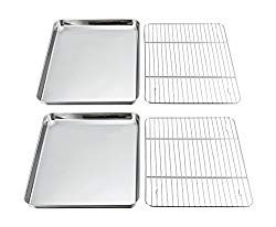 P&P Chef Baking Sheets and Racks Set, Pack of 4 (2 Sheets + 2 Racks), Stainless Steel Baking Pans Cookie Tray with Cooling Rack, Non Toxic & Healthy, Mirror Polish & Easy Clean