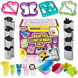 Complete Bento Lunch Box Supplies and Accessories For Kids – Sandwich Cutter and Bread Crust Remover – Mini Vegetable Fruit cookie cutters – Silicone Cup Dividers – Food Picks and FREE Lunch Notes