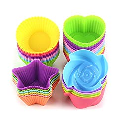 LetGoShop Silicone Cupcake Liners Reusable Baking Cups Nonstick Easy Clean Pastry Muffin Molds 4 Shapes Round, Stars, Heart, Flowers, 24 Pieces Colorful