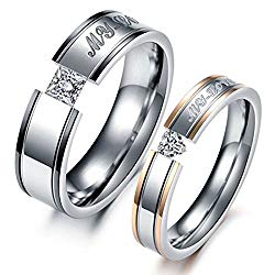 LAVUMO Him Her Couple Rings Stainless Steel Anniversary Engagement Promise Wedding Band My Love CZ