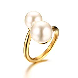 PJ Jewelry Gold Plated Stainless Steel Double Simulated Pearl Large Statement Wrap Ring for Women