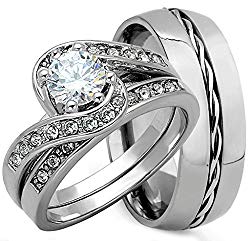 3 Pieces Men’s and Women’s, His & Hers, 925 Genuine Solid Sterling Silver & 8MM Titanium Band with Rope Twist Engagement Matching Wedding Ring Set