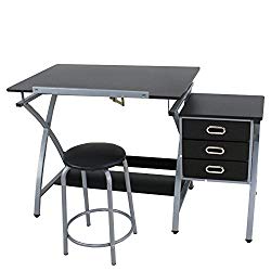Adjustable MDF Drafting Table Art & Craft Drawing Desk Art Hobby Folding w/Stool and Drawer