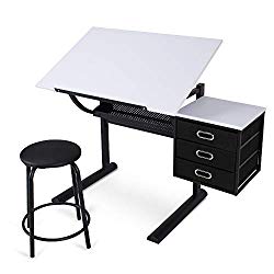 Belleze Adjustable Craft and Drawing Table w/Storage Drawers and Padded Stool, Black and White