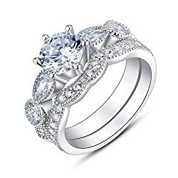 BL Jewelry Sterling Silver 6 Prongs Solitaire Bridal Engagement Wedding Ring Set
